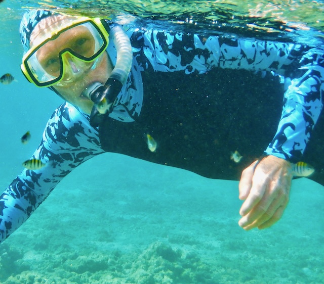 Jack in his full body rash guard-an alternative to coral killing sunscreen.